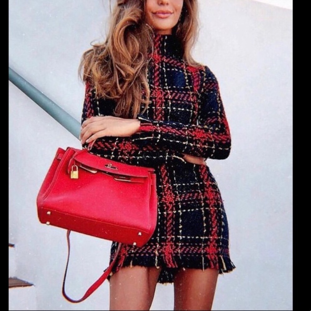 Long Sleeve Frayed Hem Tweed Dress